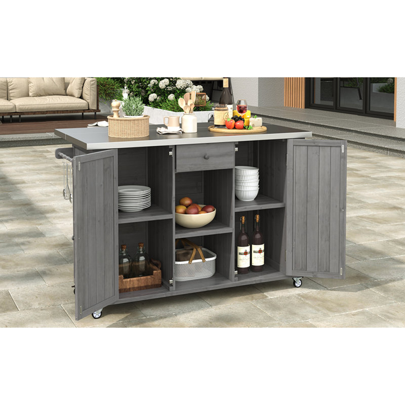 Outdoor Kitchen Island Fir Wood Kitchen Island With Stainless Steel Top, Ample Storage Space, Towel And Spice Racks And A Bottle Opener For Outdoor, Grey