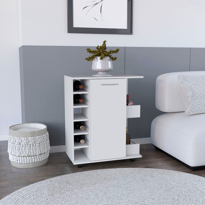 Selden Bar Cart with Casters, 6 Built-in Wine Racks, 2-side Open Shelves and Single-Door Cabinet, White