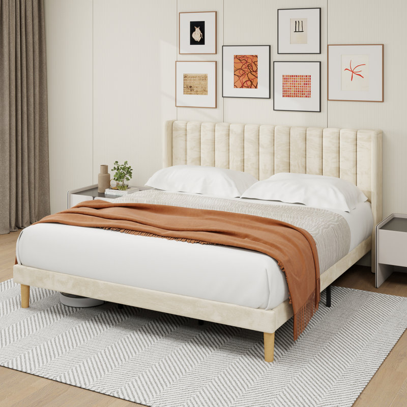 Lit plateforme tapissier à profil bas Sutter, Très grand, Beige