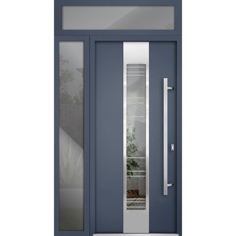 Porte avant en acier pré-suspendue à l'avant / deux en graphite gris 5755 / fenêtre extérieure latérale et supérieure / inserts en acier inoxydable peints simples modernes - l 36 + 14 po x H 80 + 16 po - à droite