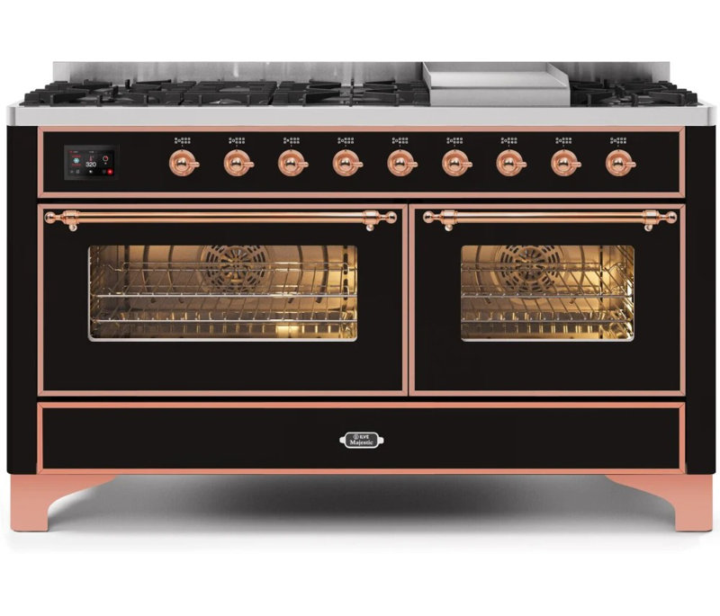 ILVE Majestic II Series 60 inch Dual Fuel Range with 9 Burners, Griddle (Glass Door), Glossy Black/Copper, Liquid Propane