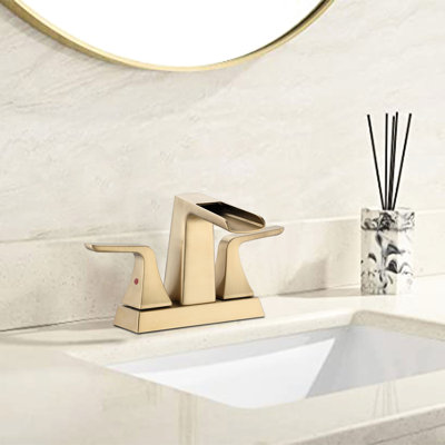 4 Inch Waterfall Bathroom Sink Faucet In Brushed Gold - Solid Brass Made With Double Handle For Adjustable Water And Temperature Ceramic Cartridge Longevity Fits 2/3 4-Inch Configurations