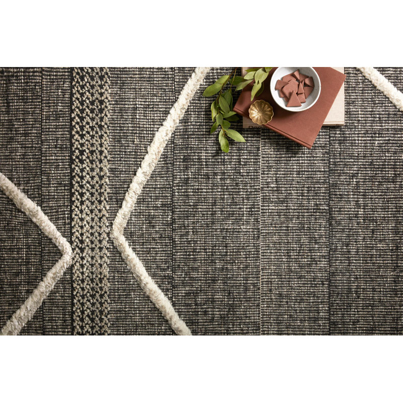 Tapis beige / noir en laine noué à la main, Rectangle 8 pi 6 po x 11 pi 6 po