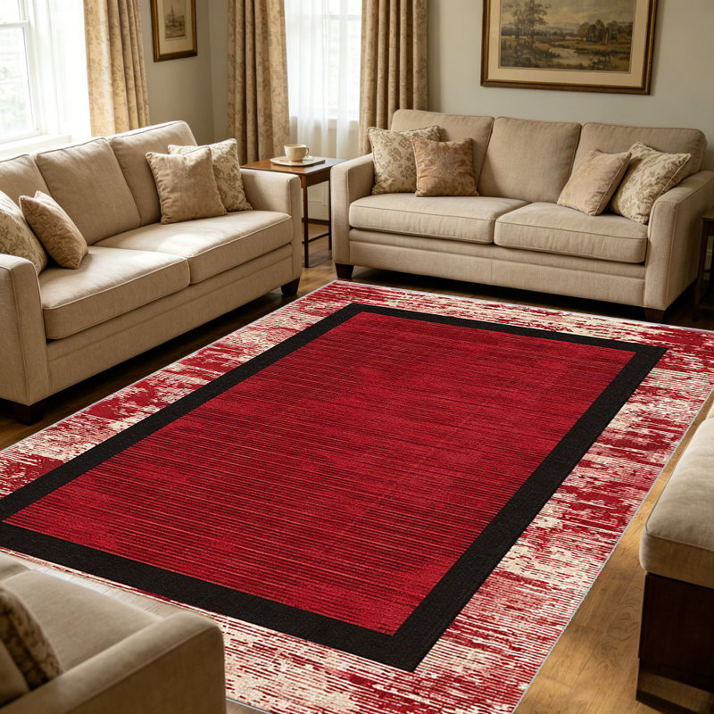 Red Modern Bordered carpet-easy to clean, machine-washable, soft and comfortable; suitable for door mats, kitchens, living rooms, bedrooms, corridors, and laundry areas. Easy to clean, durable carpet for home decoration.