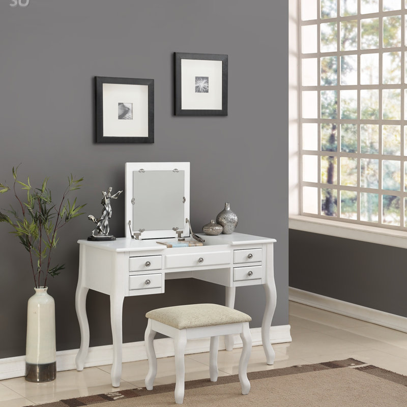 Daryel Vanity Set Featuring Stool and Flip-Up Mirror, White