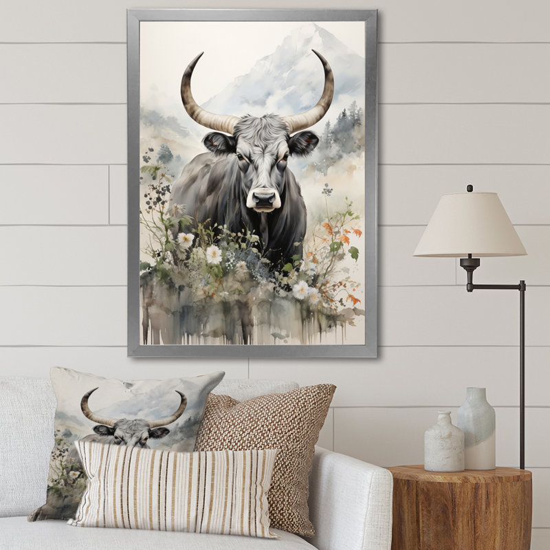 Bianaca, art asiatique, vache Sumi III, H 40 po x l 30 po x P 1,5 po, Cadre photo argenté