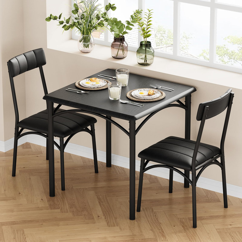 Ensemble de table de salle à manger 3 pièces pour 2 personnes, table de cuisine carrée compacte et 2 chaises rembourrées, ensemble de table de cuisine carré Farmhouse, mobilier de salle à manger compact pour appartement, studio, noir