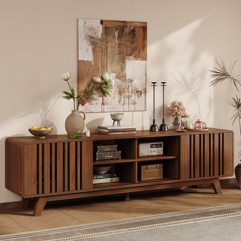 Regal TV Stand for TVs up to 75'',Entertainment Center Sliding Door, 24" H x 69.6" W x 15.75" D, Brown