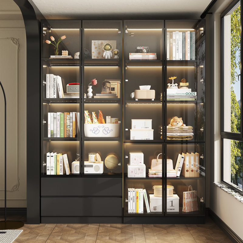 78.7'' H X 63'' W 2-Drawer Bookcase With Glass Doors And LED Light, Black
