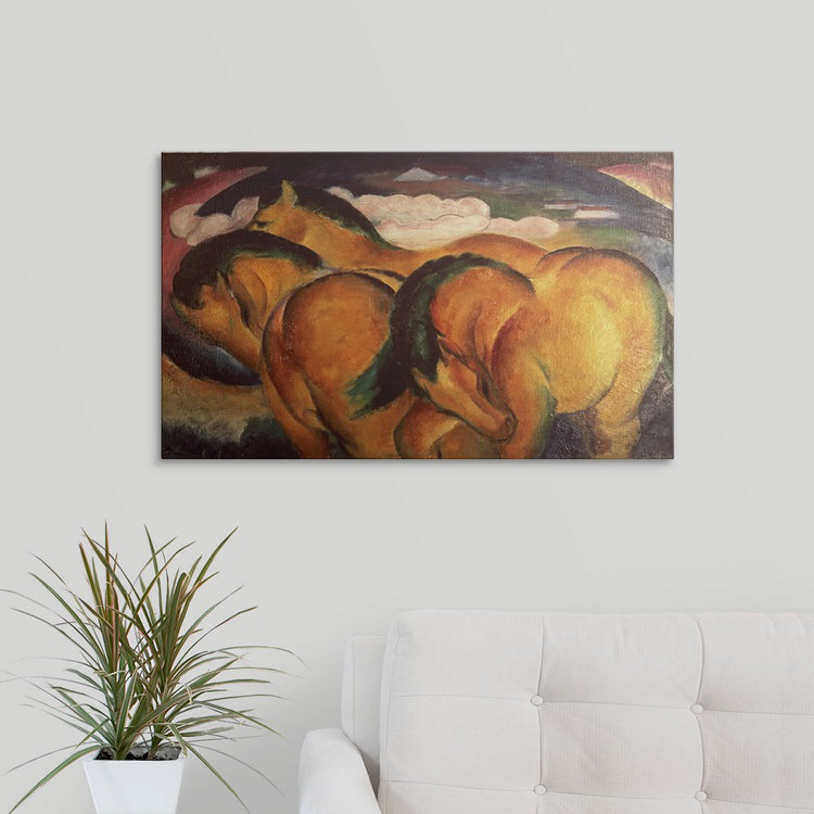 Reproduction d'art, "Little Yellow Horses, 1912 (Reproduction d'huile)" par Aranz, H 26 po x l 38 po x P 1 po, Cadre noir