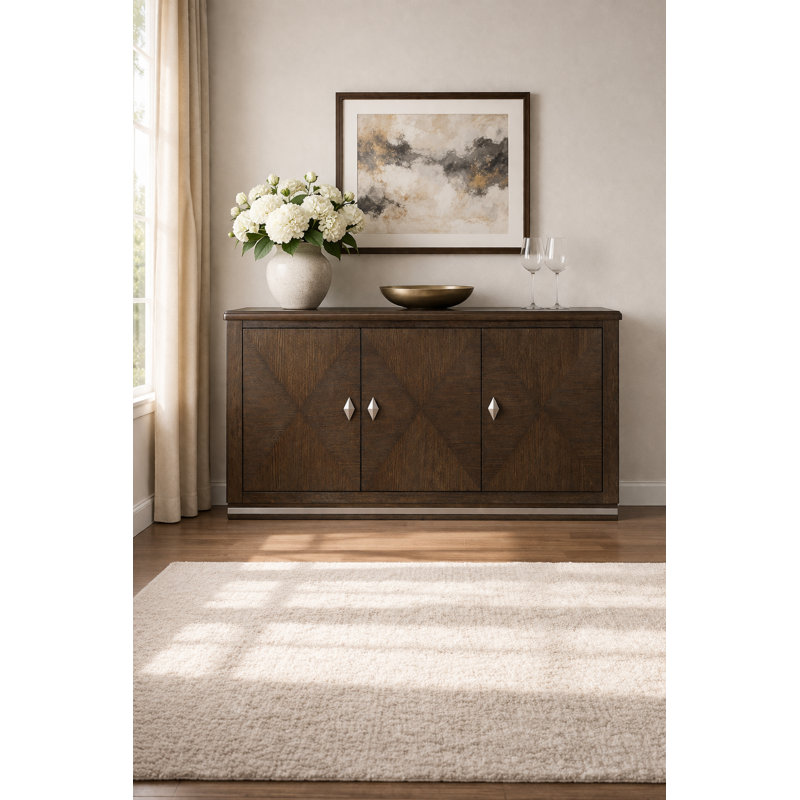 Claybourne 56" Modern Server with 3 Adjustable-Shelf Cabinets · Nickel Diamond Hardware · Wire-Brushed Oak Veneer