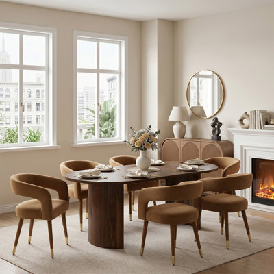 Modern 79" Oval Dining Set With 6 Velvet Upholstered Arm Chairs