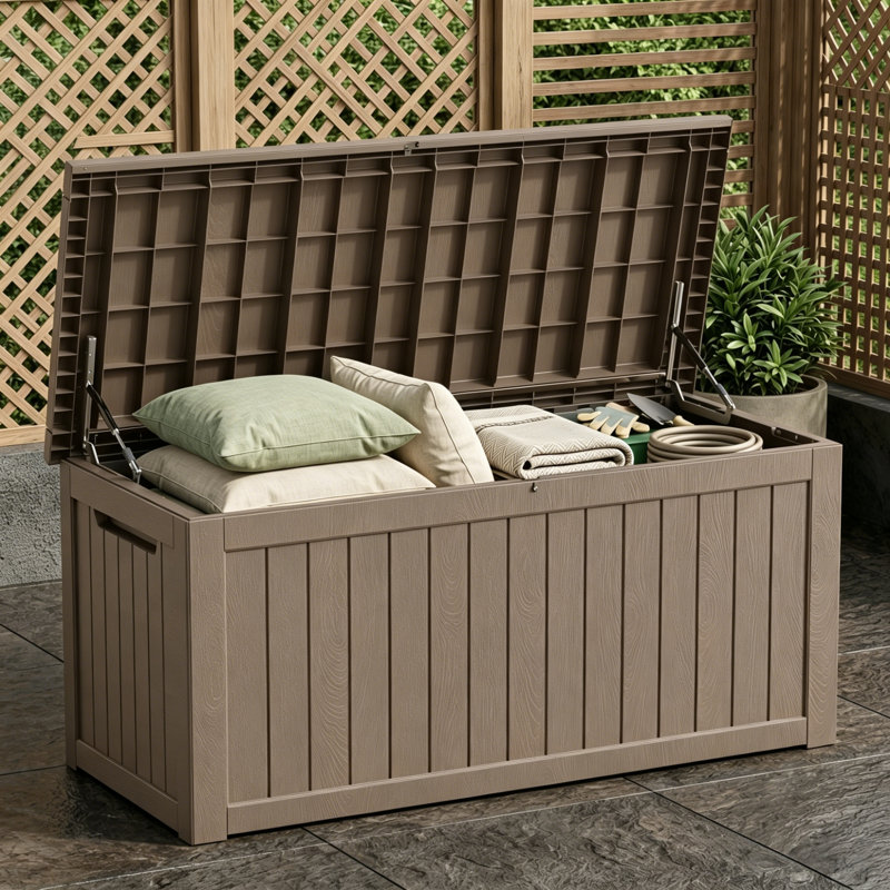 Coffre de terrasse en résine de 270 gallons Yardgrace, résistant à l'eau et verrouillable, Light Brown
