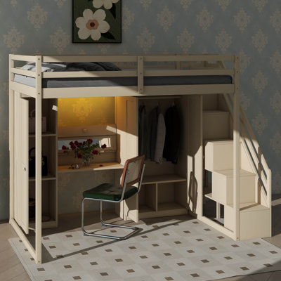 Full Size Loft Bed Featuring Storage Staircase, Built-In Vanity With Mirror & Drawer, Closet & Cabinets, Plus USB Charging And Lighting