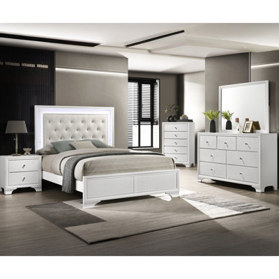 Lit double à panneau de style contemporain avec tête de lit tapissier avec finition à DEL, finition texturée, aspect lin, tête de lit moderne à DEL blanche et avoine, bouton, tissu d'apparence,