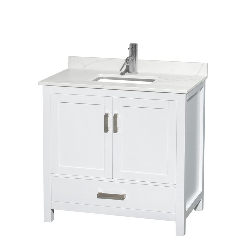 Ensemble de meuble-lavabo simple 36 po avec plateau en quartz Sheffield, Quartz Giotto, Blanc, Chrome