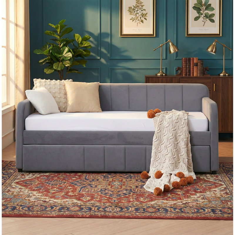  81.6" Twin Size Upholstered Daybed with Pull-Out Trundle - Velvet Sofa Bed Frame with Wood Slat Support - No Box Spring Needed