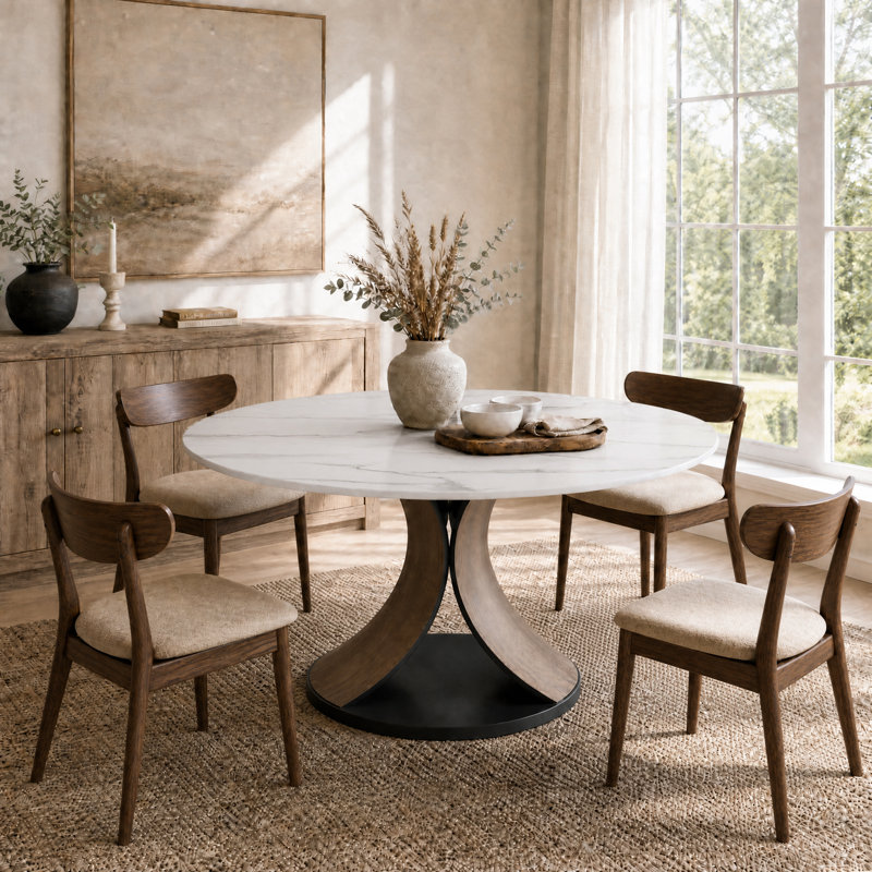 Table de salle à manger ronde en noyer pour 2 à 10 personnes, 29.53"H x 53.15"L x 53.15"W, Blanc neigeux