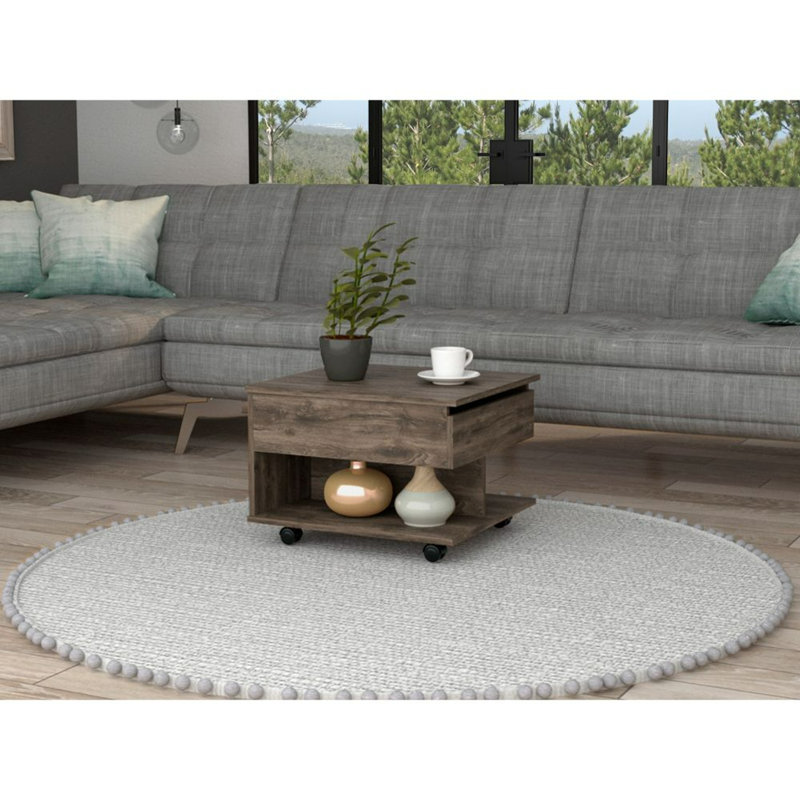 Table basse à plateau relevable, roulettes, une tablette, brun foncé