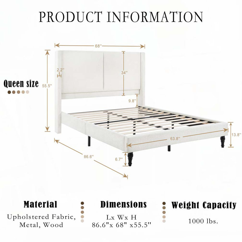 Structure de lit en tissu avec tête de lit rembourrée Boucle, White, Grand lit