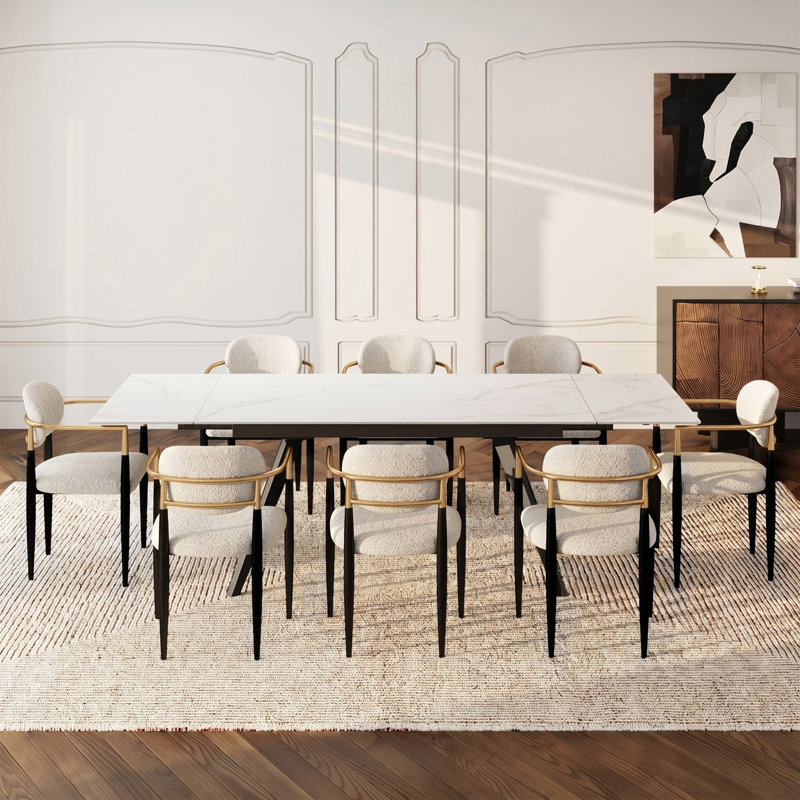 Ensemble de table de salle à manger extensible en pierre frittée avec fauteuils rembourrés Moiser, 6-8 mois