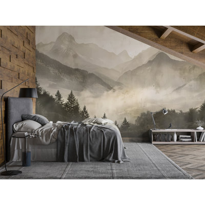  Papier peint montagne, paysage de forêt brumeuse pour chambre à coucher
