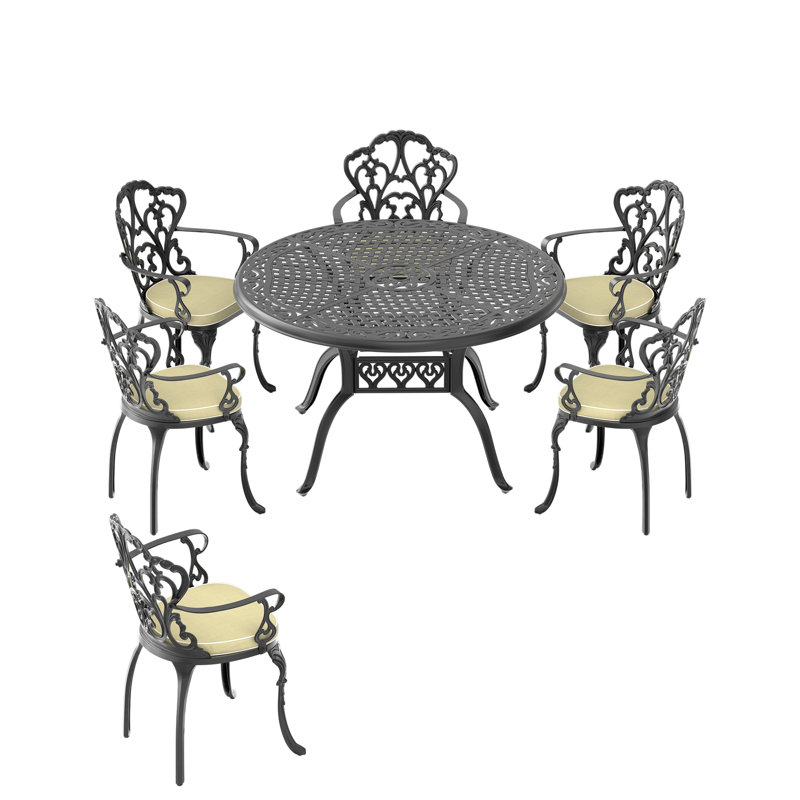 7-Piece Set Of Cast Aluminum Patio Furniture With Black Frame And Off-White Seat Cushions, 6