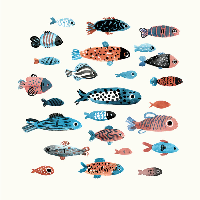 " Fish School I " by Annie Warren Painting Print, 12" H x 12" W  