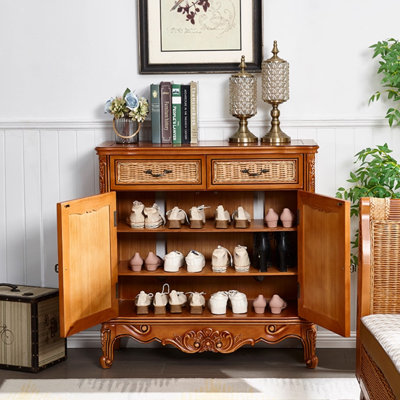 Brown Solid + Manufactured Wood+Rattan Shoe Storage Bench