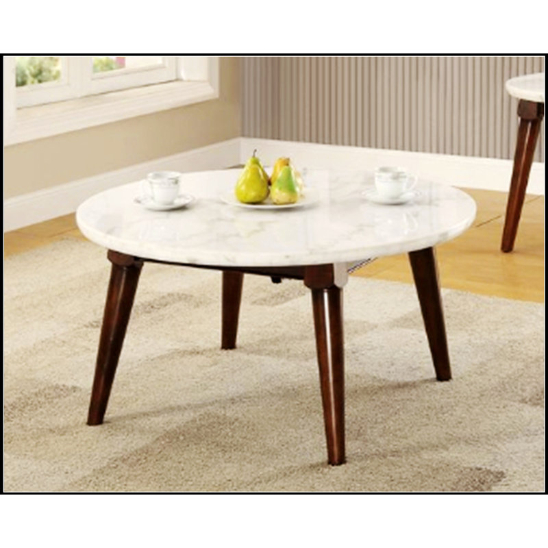 Table basse ronde Gasha avec plateau en marbre blanc et finition noyer, parfaite pour les espaces de vie élégants et modernes.
