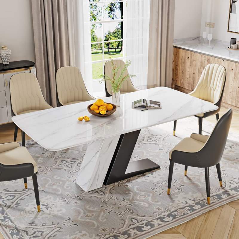 Table de salle à manger rectangulaire moderne en pierre frittée blanche avec base en forme de Z, Noir, noir, noir, noir