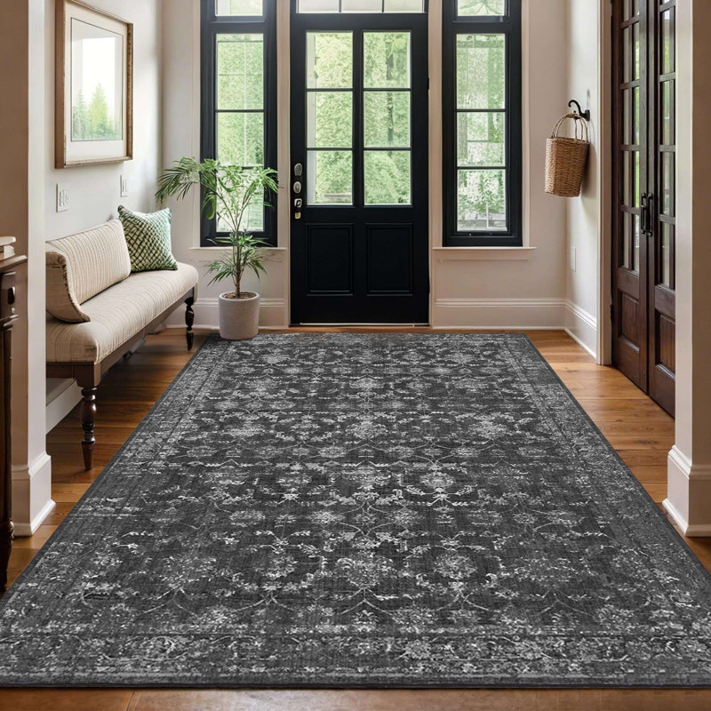 Vintage Boho Area Rug - Washable Non Slip Low Pile Rug, Rectangle 5' x 7', Black