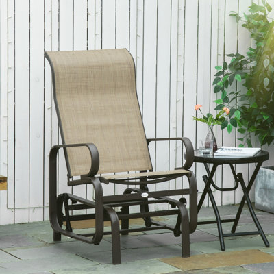 Fauteuil coulissant pour l'extérieur, brun clair. À bascule en douceur, léger. 28 pouces et confort pour le cou. Maille respirante, eau. Robuste, peut supporter jusqu'à 352 lb Fauteuil coulissant pour patio brun clair. 28 po avec support. Eau. Robuste