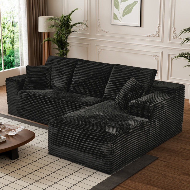 Canapés modulaires à compression, 272 cm (107 po) en velours côtelé, forme moderne en L pour la maison, Noir 2