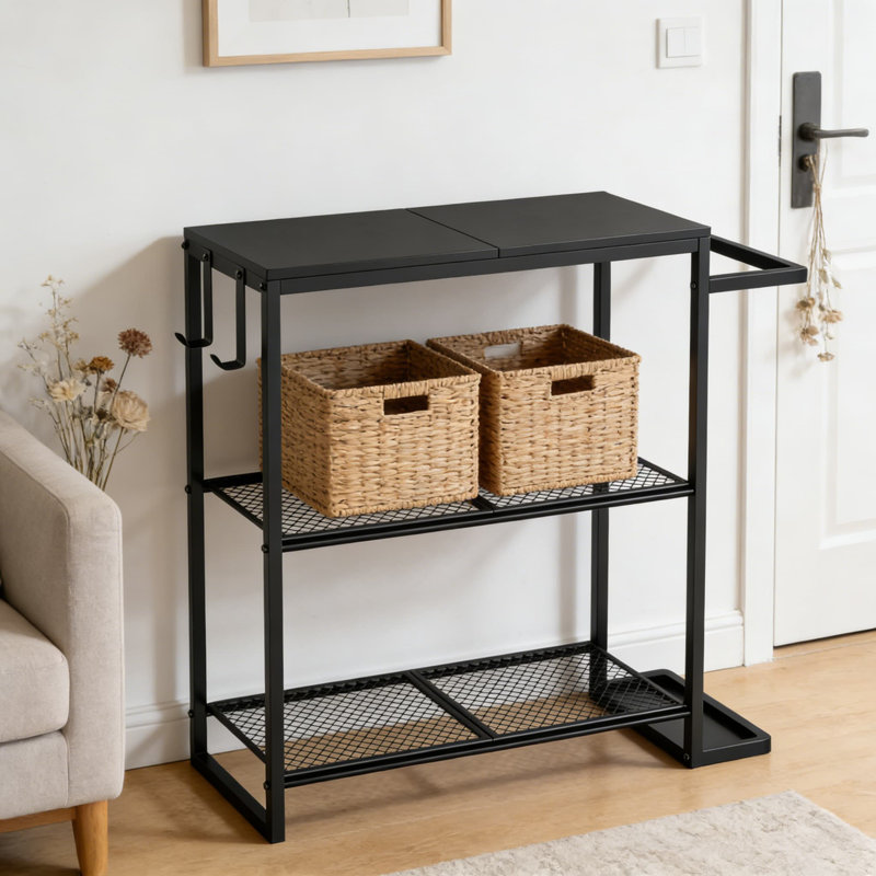 Console étroite avec 3 tablettes, porte-parapluies et crochets - Table d'entrée peu encombrante pour le couloir, le vestibule, le salon et les petits espaces