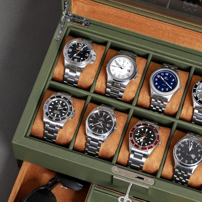 10-Slot Watch Box in Leather with Valet Drawer, Luxury Watch Case Display Organizer with Ultra Soft Microsuede Liner