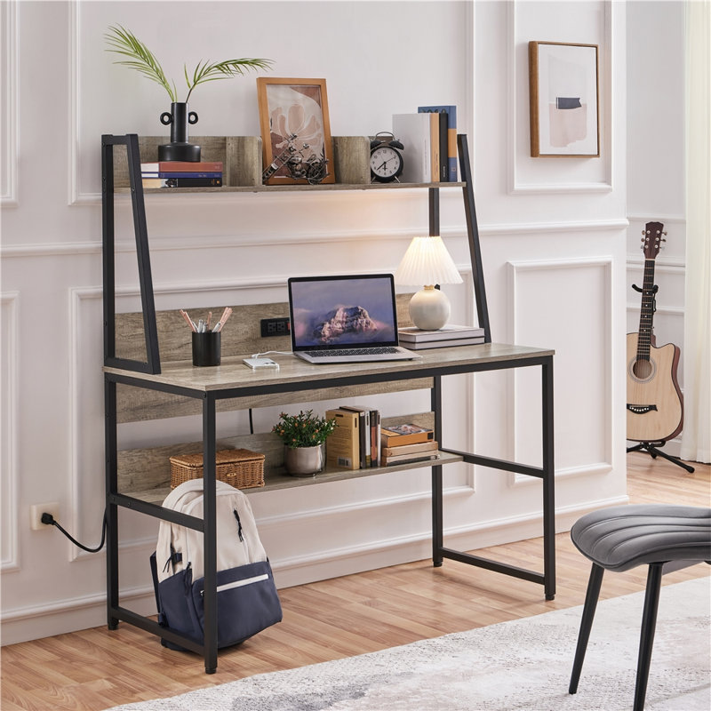 Metal Base Writing Desk with Power Outlet, Gray