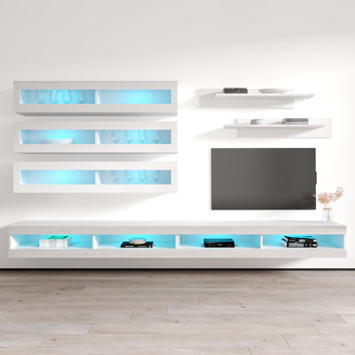 Catania 126" Modern Floating Wall Mounted Entertainment Center with 16-Color LED Lighting, High Gloss Finish