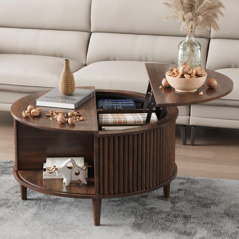 Round Coffee Table With Storage, Fluted Lift Top, Sliding Cabinet Door, Modern Design, Walnut, Walnut
