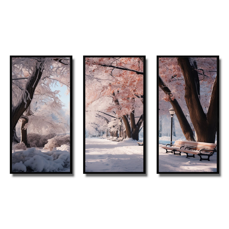 «Pink Snowy Park Floral Canopy», art mural sur toile, H 28 po x l 36 po x P 1 po, Cadre flottant noir