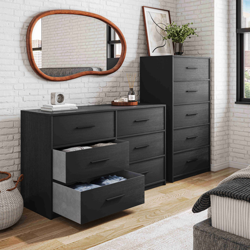 Commode 5 tiroirs avec grands tiroirs en tissu, Noir