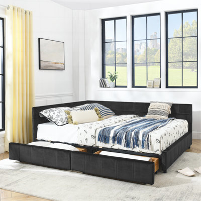 Grand lit capitonné avec rangement capitonné, cadre de canapé-lit avec dossier et accoudoirs confortables, grand lit pour chambre à coucher, salon, velours, noir (85,5 po x 64,5 po x 29,5 po)