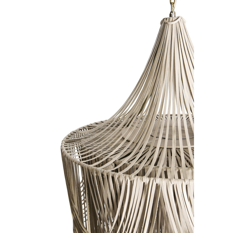 Large Leather Fringe Chandelier w/ Crown, 45" H x 32" W x 32" D, Cream
