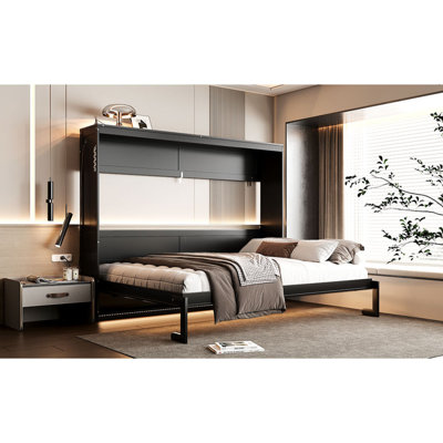 Queen-Size Modern Side-Folding Murphy Bed With Trendy Printed Pattern, LED Under-Bed Lighting & Built-In USB Outlet – Space-Saving Design-Black