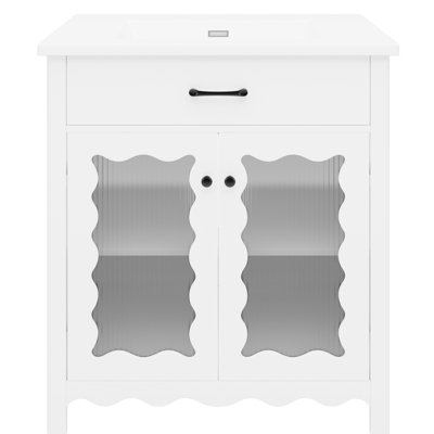 Meuble-lavabo de 31 po avec portes à rayures verticales en verre, tablettes réglables, charnières à fermeture en douceur et poignées argentées pour un ensemble cohésif élégant Lavabo rectangulaire en céramique, rayures et charnières