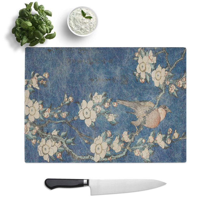 Tempered Glass Bullfinch and Weeping Cherry Blossoms Chopping Board, 28.5 cm W x 20 cm L