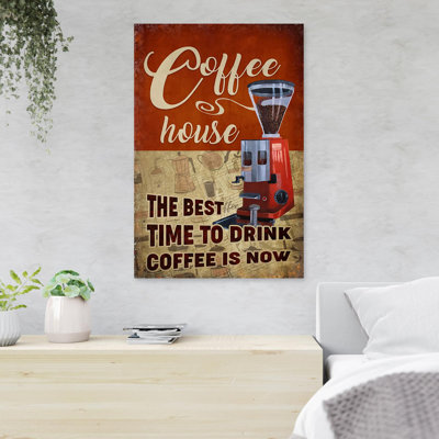 Machine à café sur fond brun et rouge - Coffee House - 1 pièce, impression d'art graphique rectangulaire sur toile tendue