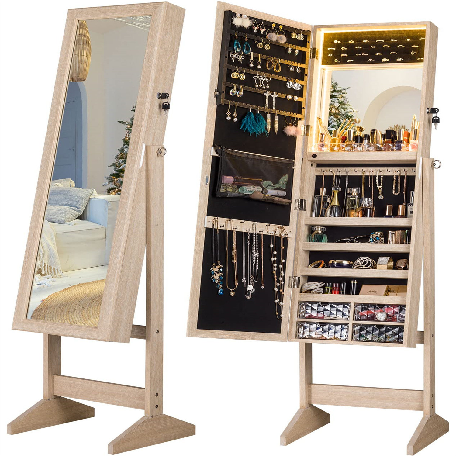 NIERBO Modern Natural Jewellery Armoire With LED Lighting - Organize
