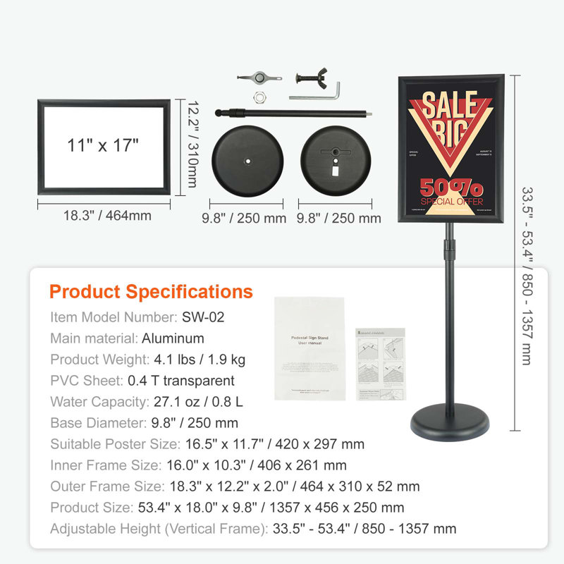 Porte-affiche à piédestal, support à affiche réglable vertical et horizontal de 11 po x 17 po, porte-affiche sur pied robuste avec base ronde pour affichage, publicité et extérieur, noir