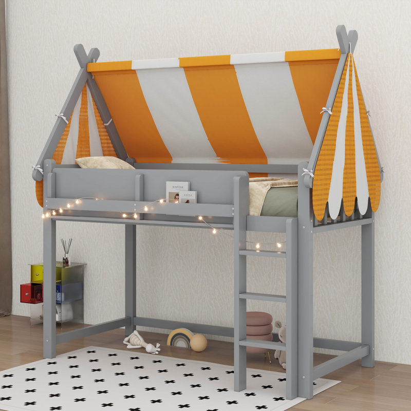 Lit mezzanine avec auvent, lumières DEL, Gris, Lit simple